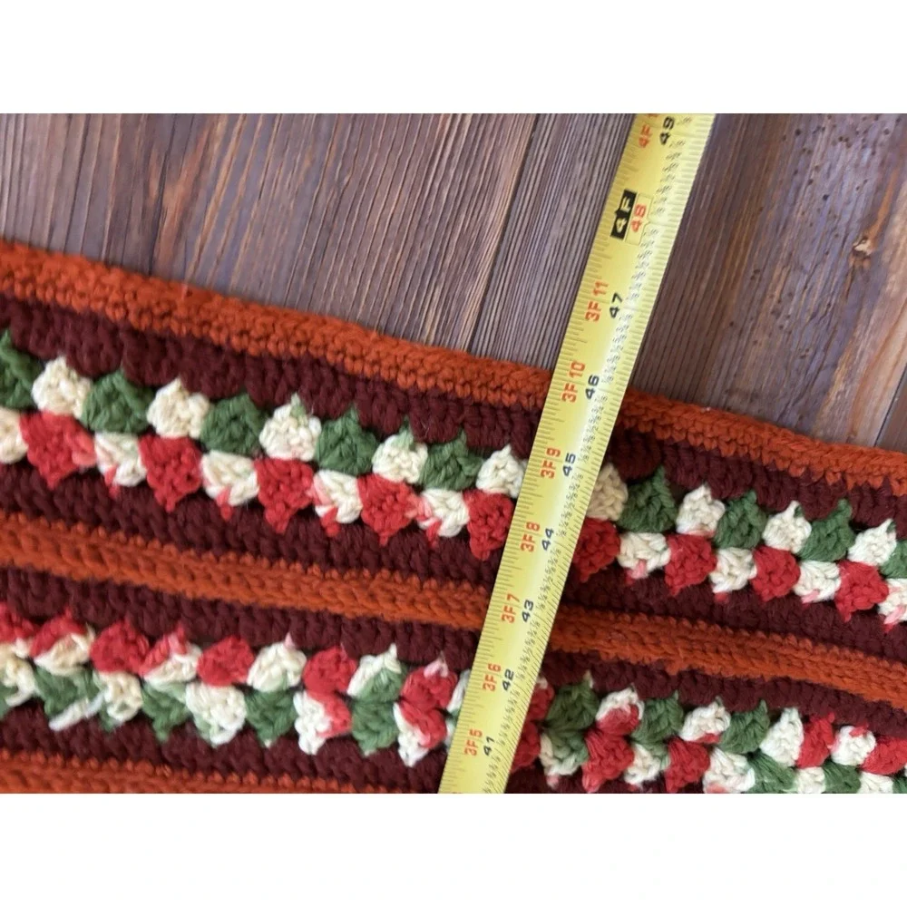 Afghan 70s Throw Blanket Scalloped Rust Red YellowGreen Stripe 60